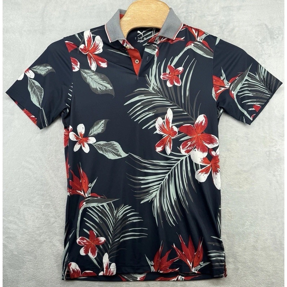 Puma Golf Performance Shirt Blue Red Floral Hawaiian Luau Polo Men's S NWT